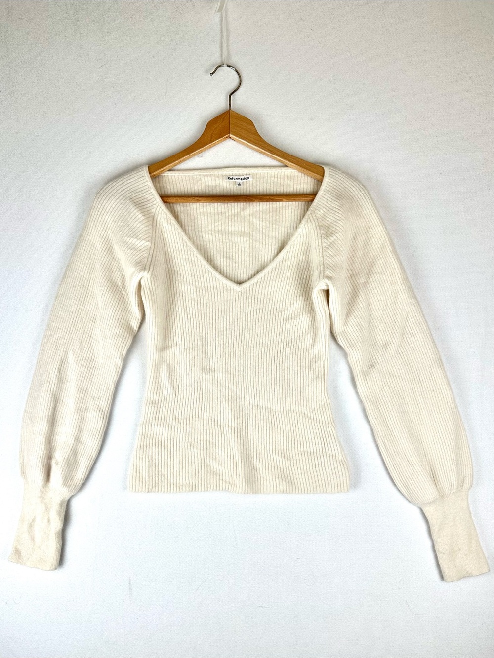 Reformation Cashmere Ribbed V-Neck Sweater Puff Sleeve